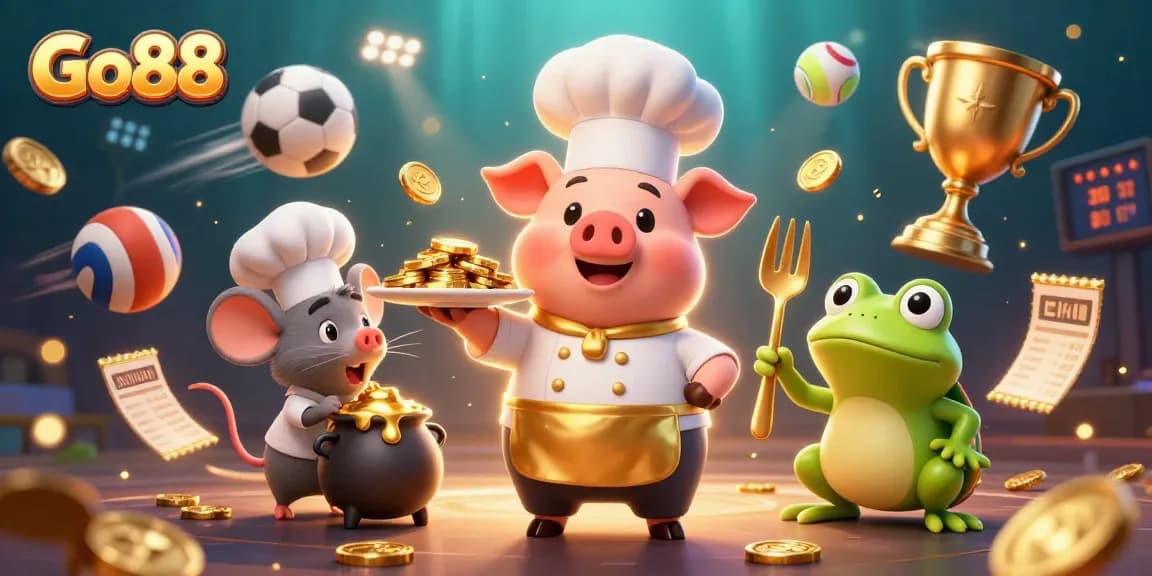 Engage in Go88, where a chef pig serves gold coins amidst dynamic gaming elements.