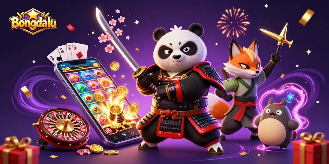 Bongdalu showcases a dynamic scene with a samurai panda and ninja fox amidst exciting gambling elements.