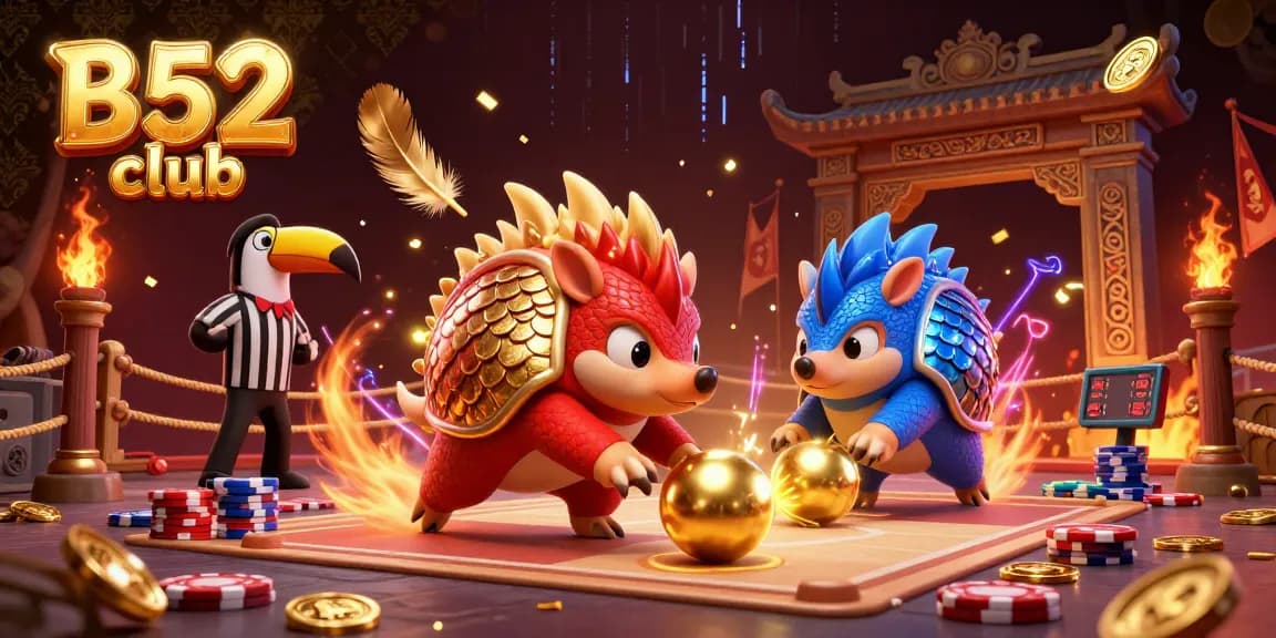 Engage in thrilling games at B52 club with dynamic pangolin characters in a vibrant casino scene.