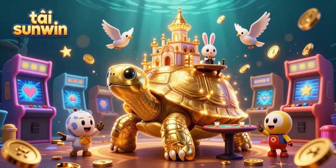 Experience excitement with tải sunwin, featuring a giant tortoise casino, coin-flying birds, and vibrant game machines.