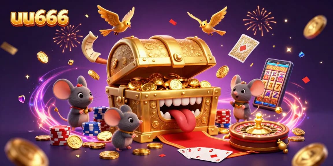 uu666 offers an exciting adventure with a treasure chest and casino elements in vibrant illustration.