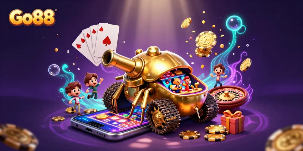 Play exciting games at Go88's mini casino within a golden beetle tank.