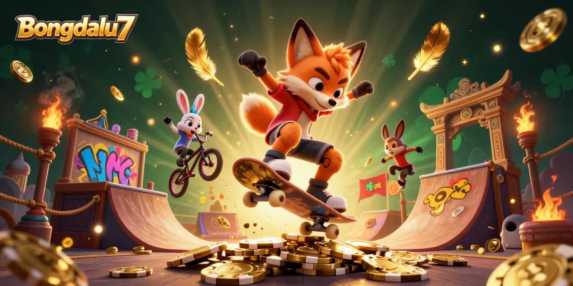 Bongdalu7 showcases an energetic scene with a skateboarder fox and BMX rabbit amidst casino symbols and vibrant elements.