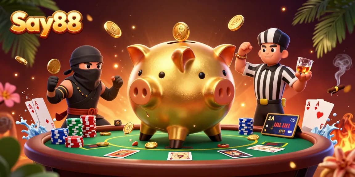 Say88 players enjoy a dynamic casino showdown featuring a giant golden piggy bank and vibrant poker elements.