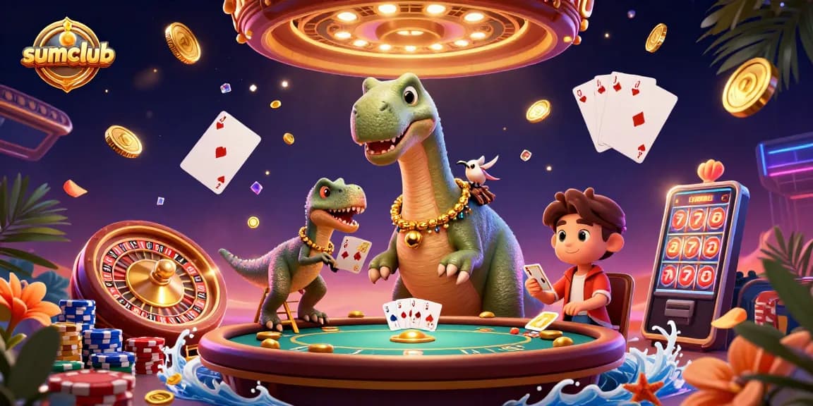 Play exciting games on sumclub with a vibrant 3D illustration showcasing casino elements.