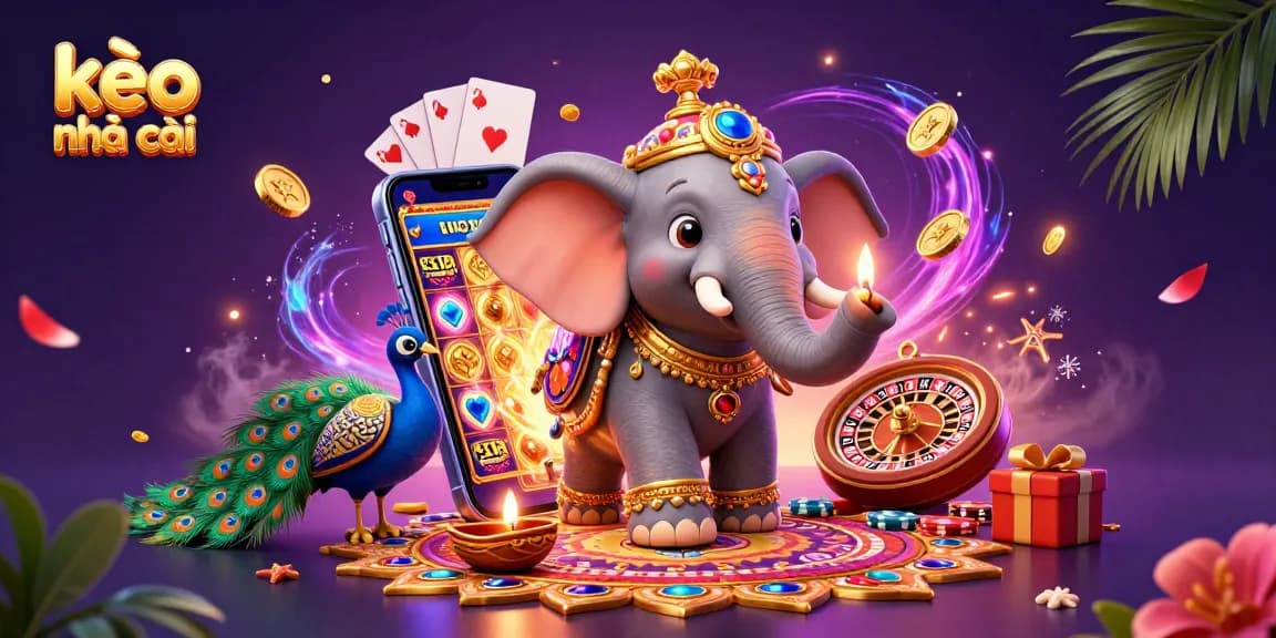 Engage with kèo nhà cái through vibrant 3D gambling scene featuring festive elements and exciting game icons.