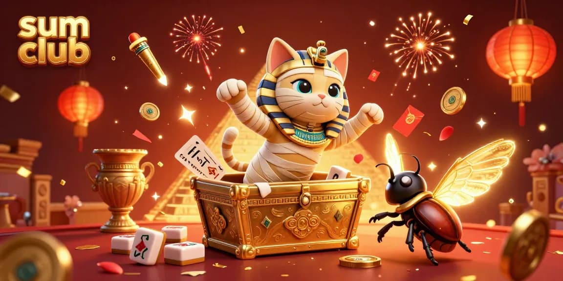 Engage with the exciting sum club in a vibrant casino scene featuring a mummy cat, scarab beetle, and glowing cards.