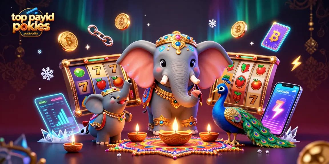Play thrilling top payid pokies australia with a colorful 3D illustration of celebrating characters and vibrant gaming elements.