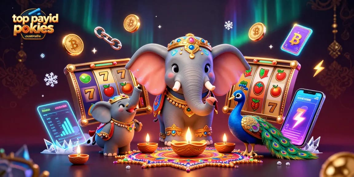 Play thrilling top payid pokies australia with a colorful 3D illustration of celebrating characters and vibrant gaming elements.