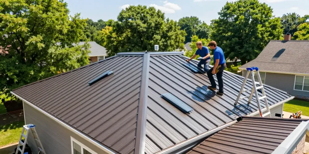 Metal Roof Contractors discussing installation with a homeowner under a sunny sky.