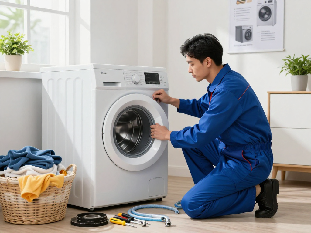 Technician performing washer repair Aurora with tools in a bright laundry room.