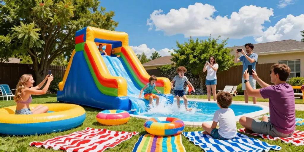 Children sliding down a colorful water slide inflatable at a summer pool party, capturing joyful family moments.