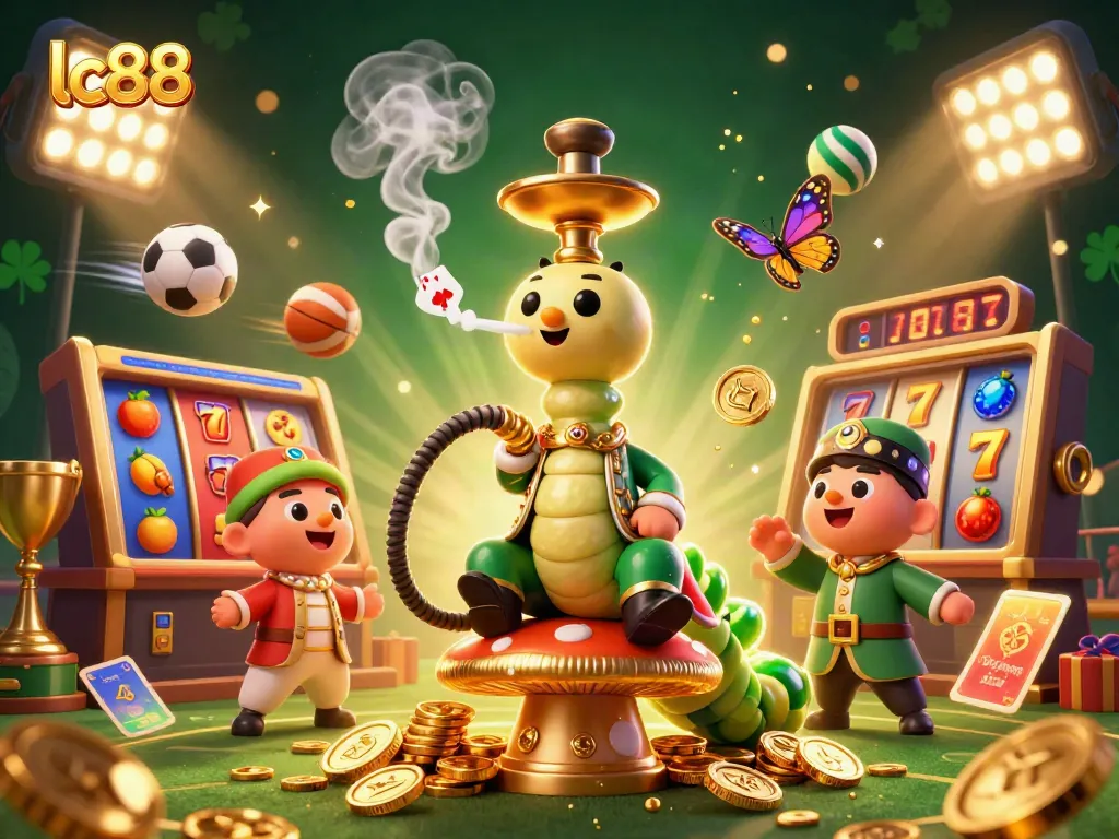 Engage with lc88 slots and jackpots in a vibrant 3D casino scene featuring a game master.