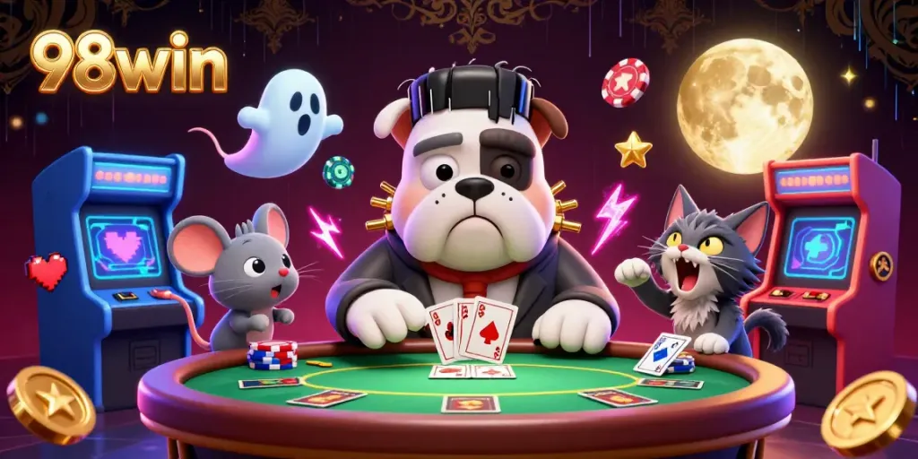 98win enhances the gambling experience with a lively casino scene showcasing a Frankenstein bulldog dealing cards.