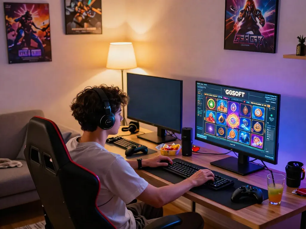 Player enjoying GGSOFT slot game in a cozy gaming setup.