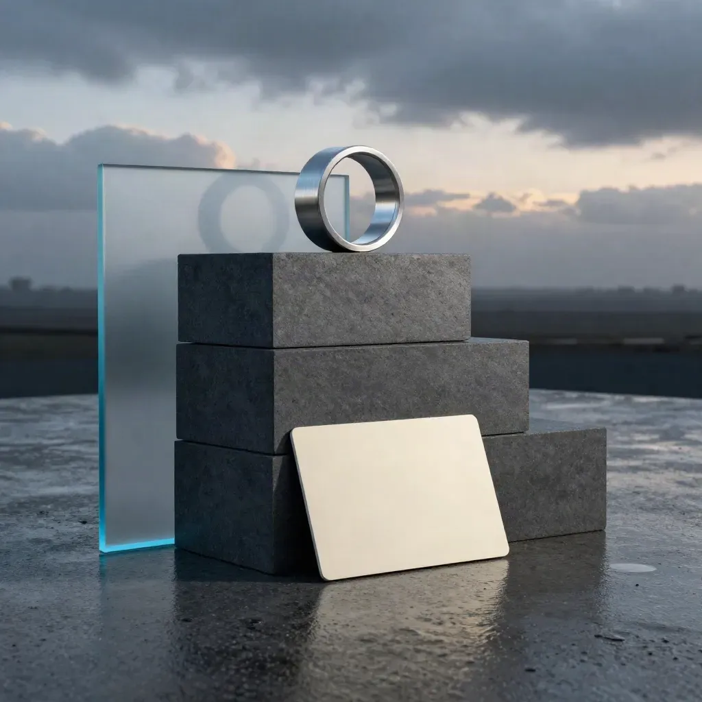 Graphite prototype blocks, frosted glass, and a cream concept card on wet concrete at blue hour.