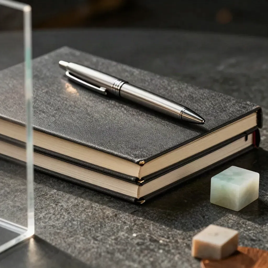 Closed notebooks, steel pen, and prototype block on dark stone under dramatic studio light.