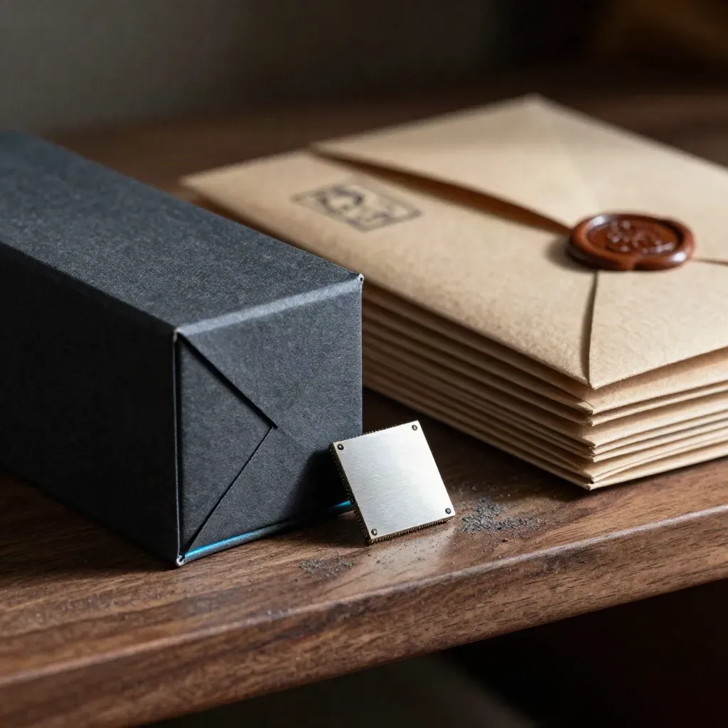 Macro still life of a deck box, metal chip, and sealed envelopes on a dark shelf.