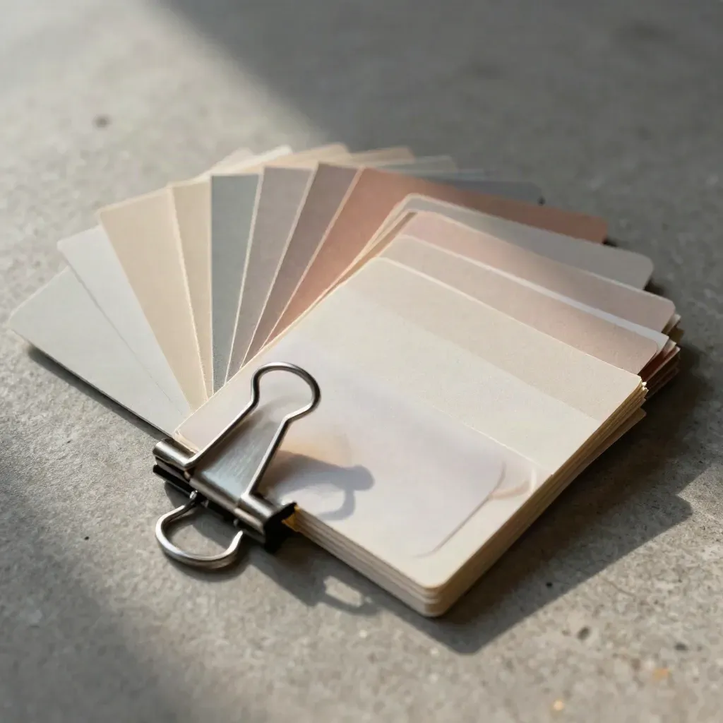 Color-proof chips, binder clip and translucent sleeve on brushed stone in soft directional light.