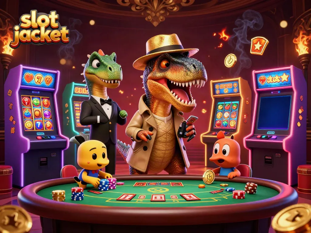 Cartoon velociraptor at a blackjack table among slot jackpot machines, creating a playful casino scene.