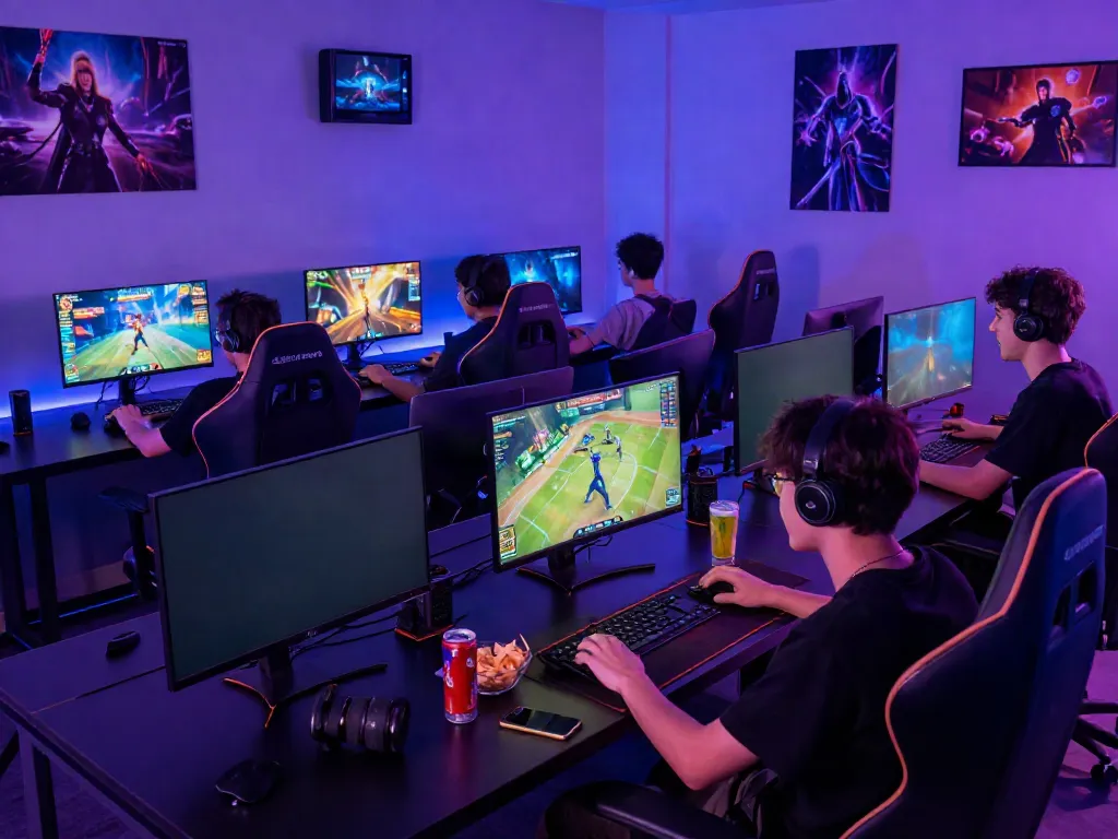 Engaging online gaming scene at https://nbet.group/ with players immersed in diverse games, vibrant atmosphere, and modern design.
