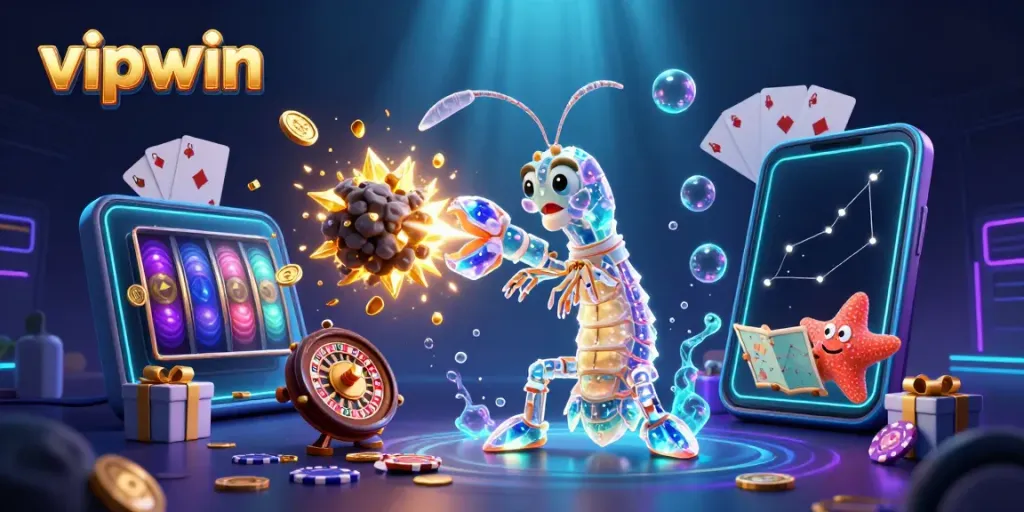 Immerse in the vipwin experience with a dynamic scene showcasing galactic creatures amidst exploding gems and coins.