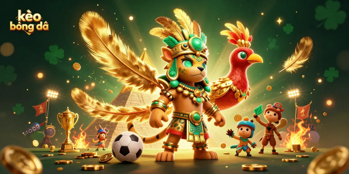 Engage in kèo bóng đá with thrilling sports elements including trophies and soccer balls.