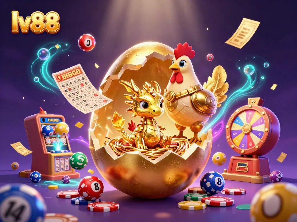 Experience exciting gaming with lv88 in a vibrant 3D illustration featuring a golden dragon and dynamic lottery elements.