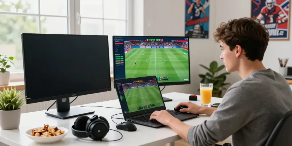 Dynamic online betting scene at https://uk88win.org/ featuring a person engaging in live sports betting.