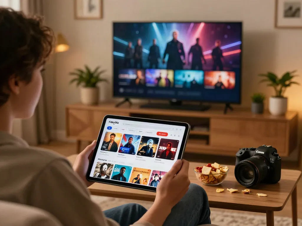 Exploring FilmyZilla APK interface with movies and TV shows on a tablet at home.