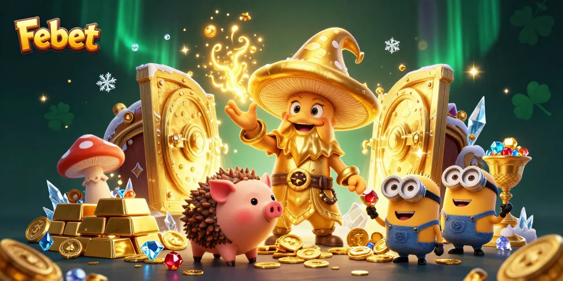 Febet illuminates the casino world, showcasing gold treasures and magical creatures in a vibrant scene.